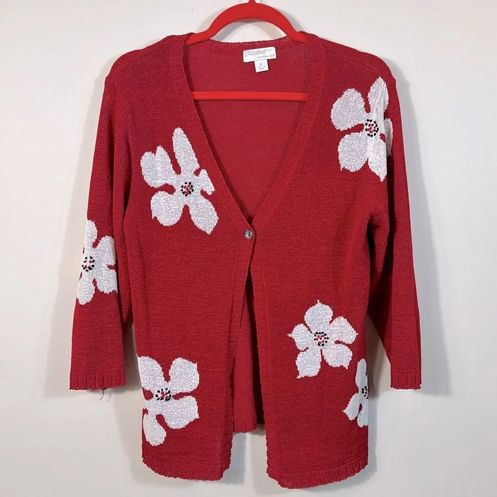 Portraits Northern Isles Red White Flower Knit Cardigan 3/4 Sleeve Women Medium